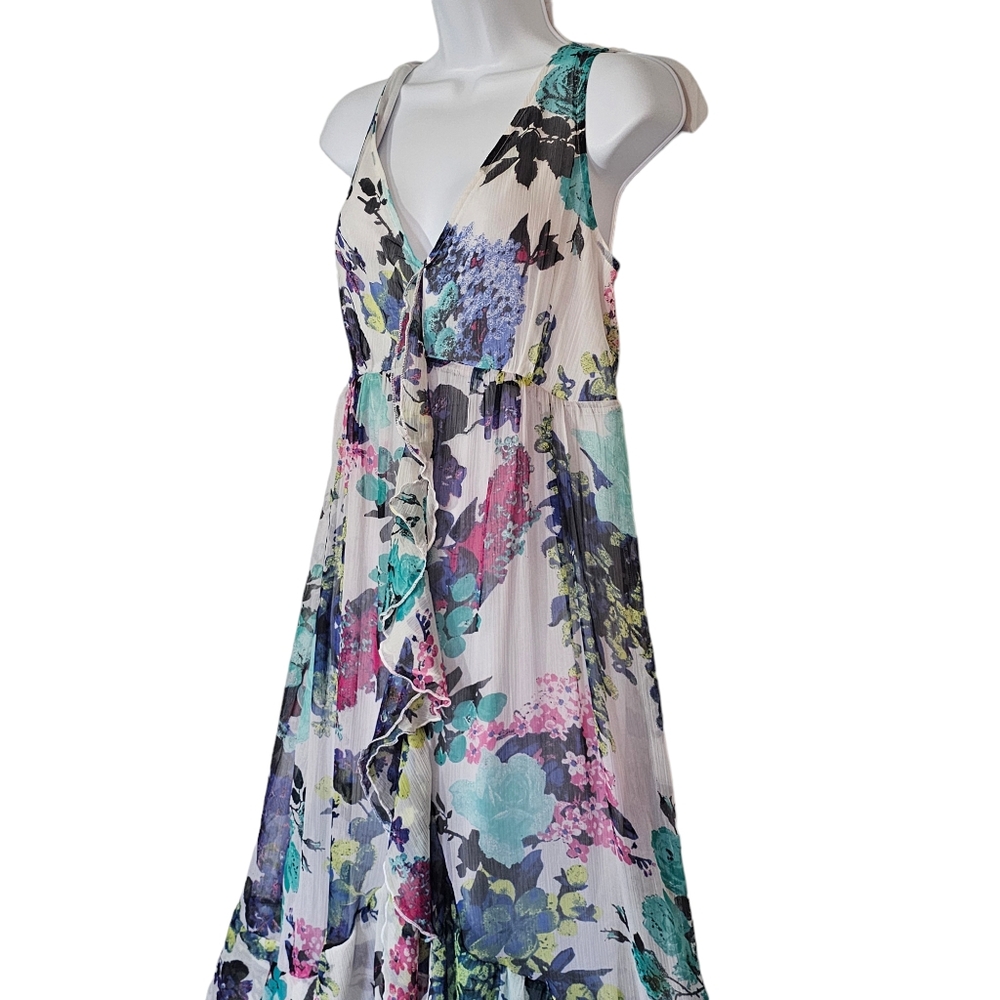 Chelsea & Theodore Floral Flowy Maxi Smocked Back Tiered Chiffon Dress Sz M - Picture 2 of 13